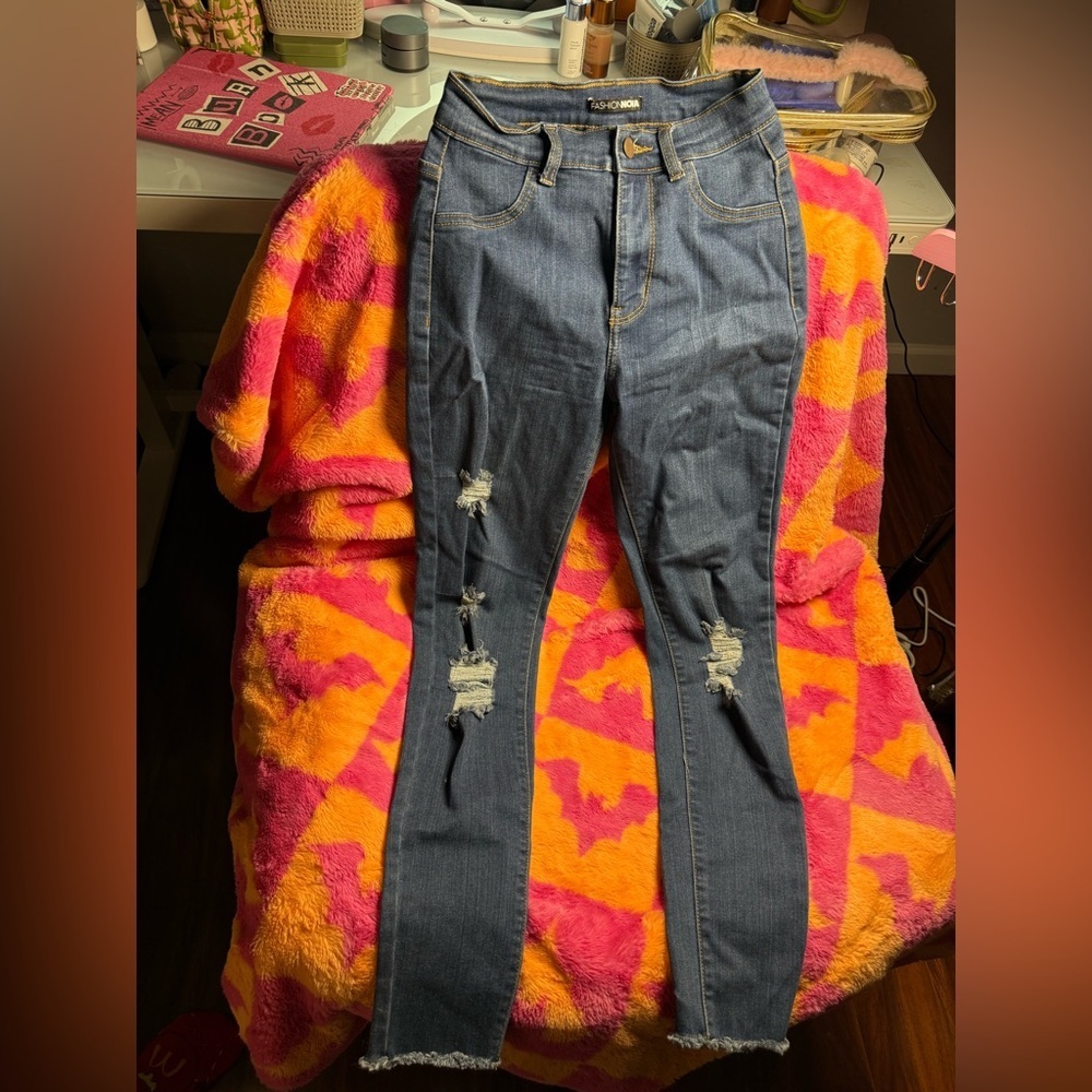 Fashion Nova Blue Distressed Skinny Jeans